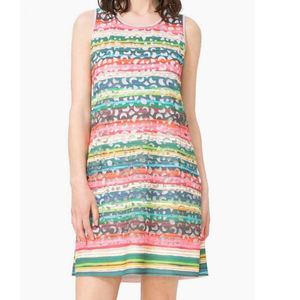 Desigual Phoenix Dress L Multicolor Stripe Laser Cut Overlay Feminine Eclectic
